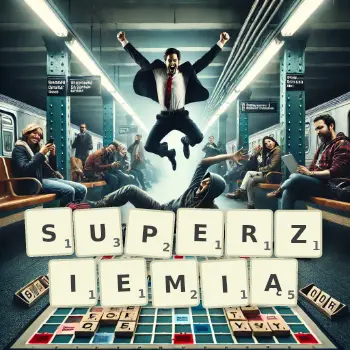 Kreatywna ilustracja do gry w Scrabble ze słowem SUPERZIEMIĄ ułożonym z płytek na planszy.