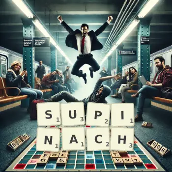 Kreatywna ilustracja do gry w Scrabble ze słowem SUPINACH ułożonym z płytek na planszy.