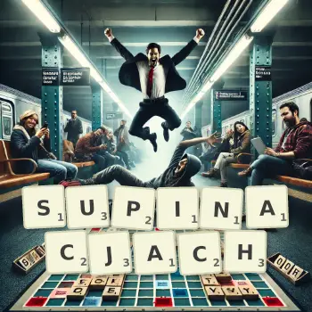 Kreatywna ilustracja do gry w Scrabble ze słowem SUPINACJACH ułożonym z płytek na planszy.