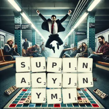 Kreatywna ilustracja do gry w Scrabble ze słowem SUPINACYJNYMI ułożonym z płytek na planszy.