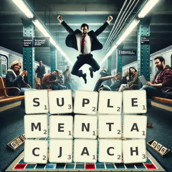 Kreatywna ilustracja do gry w Scrabble ze słowem SUPLEMENTACJACH ułożonym z płytek na planszy.