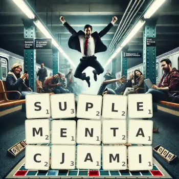 Kreatywna ilustracja do gry w Scrabble ze słowem SUPLEMENTACJAMI ułożonym z płytek na planszy.