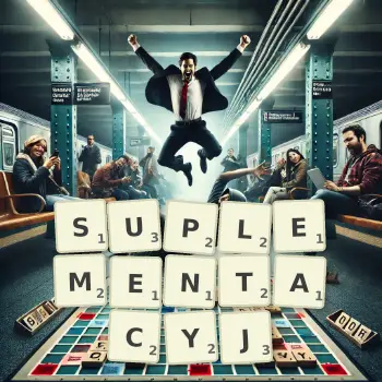 Kreatywna ilustracja do gry w Scrabble ze słowem SUPLEMENTACYJ ułożonym z płytek na planszy.