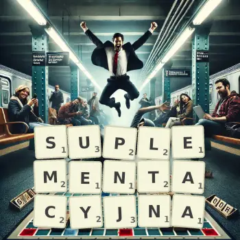 Kreatywna ilustracja do gry w Scrabble ze słowem SUPLEMENTACYJNA ułożonym z płytek na planszy.