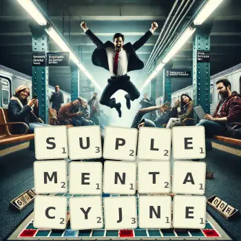 Kreatywna ilustracja do gry w Scrabble ze słowem SUPLEMENTACYJNE ułożonym z płytek na planszy.