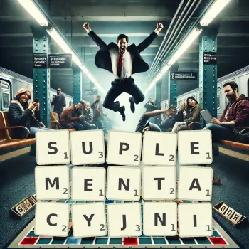 Kreatywna ilustracja do gry w Scrabble ze słowem SUPLEMENTACYJNI ułożonym z płytek na planszy.