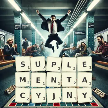 Kreatywna ilustracja do gry w Scrabble ze słowem SUPLEMENTACYJNY ułożonym z płytek na planszy.