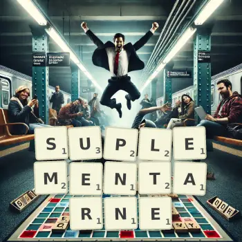 Kreatywna ilustracja do gry w Scrabble ze słowem SUPLEMENTARNE ułożonym z płytek na planszy.