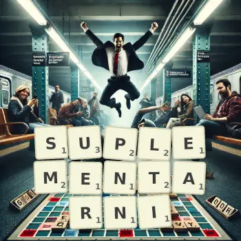 Kreatywna ilustracja do gry w Scrabble ze słowem SUPLEMENTARNI ułożonym z płytek na planszy.