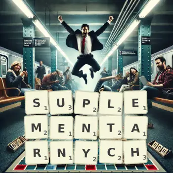 Kreatywna ilustracja do gry w Scrabble ze słowem SUPLEMENTARNYCH ułożonym z płytek na planszy.