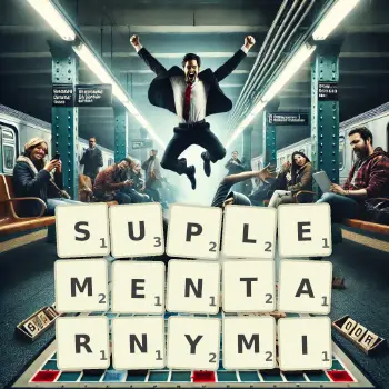 Kreatywna ilustracja do gry w Scrabble ze słowem SUPLEMENTARNYMI ułożonym z płytek na planszy.