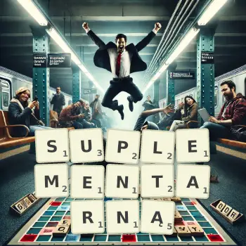 Kreatywna ilustracja do gry w Scrabble ze słowem SUPLEMENTARNĄ ułożonym z płytek na planszy.