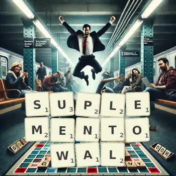 Kreatywna ilustracja do gry w Scrabble ze słowem SUPLEMENTOWAL ułożonym z płytek na planszy.