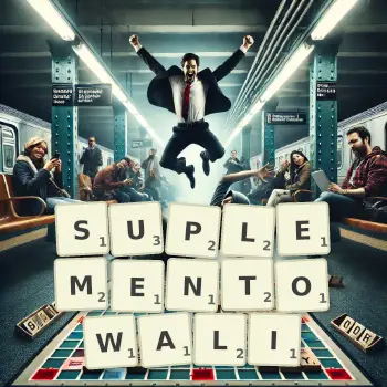 Kreatywna ilustracja do gry w Scrabble ze słowem SUPLEMENTOWALI ułożonym z płytek na planszy.