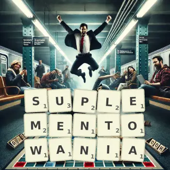 Kreatywna ilustracja do gry w Scrabble ze słowem SUPLEMENTOWANIA ułożonym z płytek na planszy.