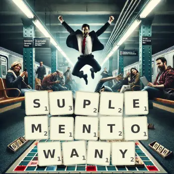 Kreatywna ilustracja do gry w Scrabble ze słowem SUPLEMENTOWANY ułożonym z płytek na planszy.