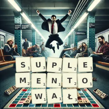 Kreatywna ilustracja do gry w Scrabble ze słowem SUPLEMENTOWAŁ ułożonym z płytek na planszy.