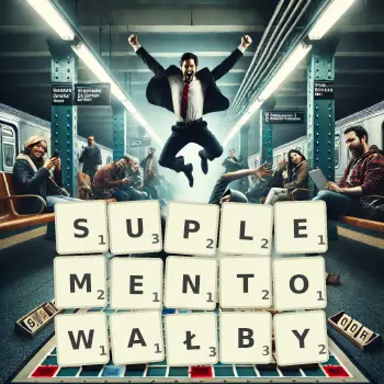 Kreatywna ilustracja do gry w Scrabble ze słowem SUPLEMENTOWAŁBY ułożonym z płytek na planszy.