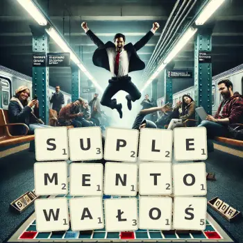 Kreatywna ilustracja do gry w Scrabble ze słowem SUPLEMENTOWAŁOŚ ułożonym z płytek na planszy.