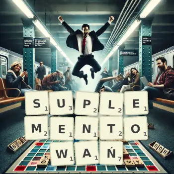 Kreatywna ilustracja do gry w Scrabble ze słowem SUPLEMENTOWAŃ ułożonym z płytek na planszy.