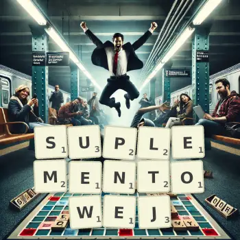 Kreatywna ilustracja do gry w Scrabble ze słowem SUPLEMENTOWEJ ułożonym z płytek na planszy.