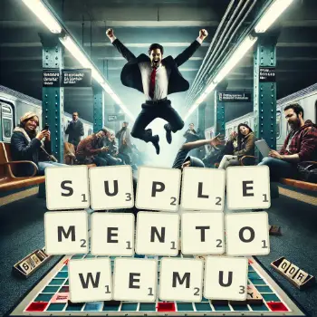 Kreatywna ilustracja do gry w Scrabble ze słowem SUPLEMENTOWEMU ułożonym z płytek na planszy.