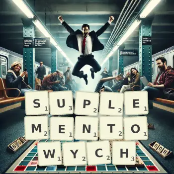 Kreatywna ilustracja do gry w Scrabble ze słowem SUPLEMENTOWYCH ułożonym z płytek na planszy.