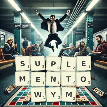 Kreatywna ilustracja do gry w Scrabble ze słowem SUPLEMENTOWYM ułożonym z płytek na planszy.