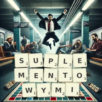 Kreatywna ilustracja do gry w Scrabble ze słowem SUPLEMENTOWYMI ułożonym z płytek na planszy.