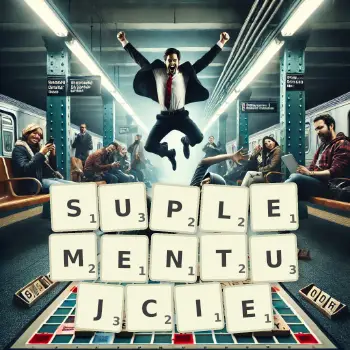 Kreatywna ilustracja do gry w Scrabble ze słowem SUPLEMENTUJCIE ułożonym z płytek na planszy.