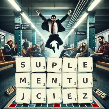 Kreatywna ilustracja do gry w Scrabble ze słowem SUPLEMENTUJCIEZ ułożonym z płytek na planszy.