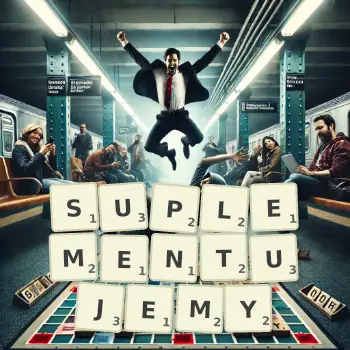 Kreatywna ilustracja do gry w Scrabble ze słowem SUPLEMENTUJEMY ułożonym z płytek na planszy.