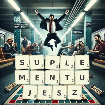 Kreatywna ilustracja do gry w Scrabble ze słowem SUPLEMENTUJESZ ułożonym z płytek na planszy.