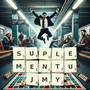 Kreatywna ilustracja do gry w Scrabble ze słowem SUPLEMENTUJMY ułożonym z płytek na planszy.