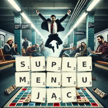 Kreatywna ilustracja do gry w Scrabble ze słowem SUPLEMENTUJĄC ułożonym z płytek na planszy.