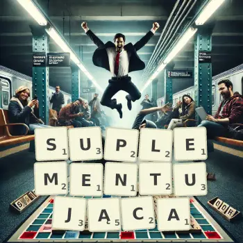 Kreatywna ilustracja do gry w Scrabble ze słowem SUPLEMENTUJĄCA ułożonym z płytek na planszy.