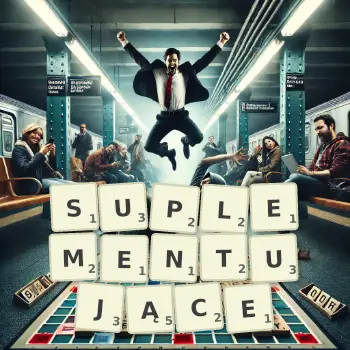 Kreatywna ilustracja do gry w Scrabble ze słowem SUPLEMENTUJĄCE ułożonym z płytek na planszy.