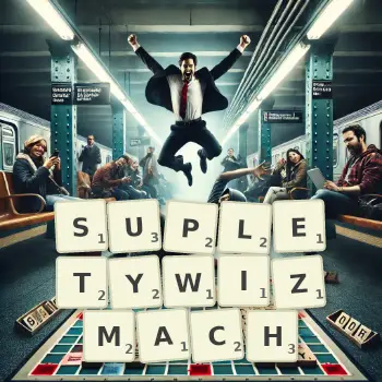 Kreatywna ilustracja do gry w Scrabble ze słowem SUPLETYWIZMACH ułożonym z płytek na planszy.