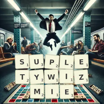 Kreatywna ilustracja do gry w Scrabble ze słowem SUPLETYWIZMIE ułożonym z płytek na planszy.