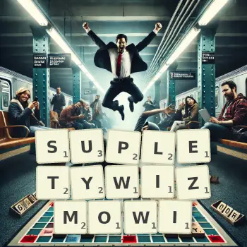 Kreatywna ilustracja do gry w Scrabble ze słowem SUPLETYWIZMOWI ułożonym z płytek na planszy.