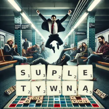 Kreatywna ilustracja do gry w Scrabble ze słowem SUPLETYWNĄ ułożonym z płytek na planszy.