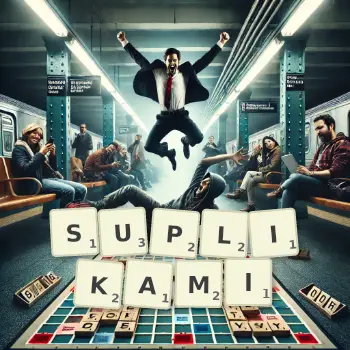 Kreatywna ilustracja do gry w Scrabble ze słowem SUPLIKAMI ułożonym z płytek na planszy.