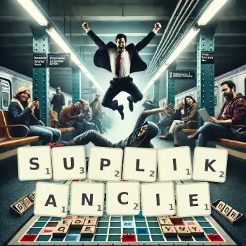 Kreatywna ilustracja do gry w Scrabble ze słowem SUPLIKANCIE ułożonym z płytek na planszy.