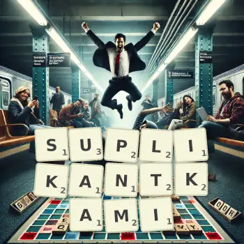 Kreatywna ilustracja do gry w Scrabble ze słowem SUPLIKANTKAMI ułożonym z płytek na planszy.