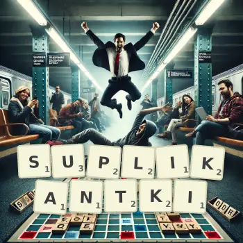 Kreatywna ilustracja do gry w Scrabble ze słowem SUPLIKANTKI ułożonym z płytek na planszy.