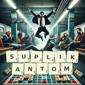 Kreatywna ilustracja do gry w Scrabble ze słowem SUPLIKANTOM ułożonym z płytek na planszy.