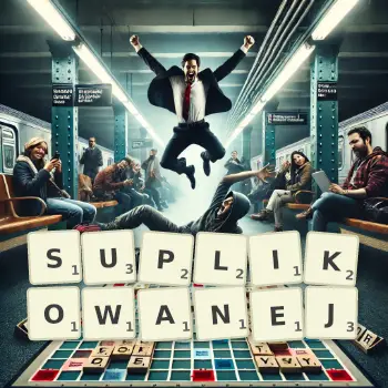 Kreatywna ilustracja do gry w Scrabble ze słowem SUPLIKOWANEJ ułożonym z płytek na planszy.