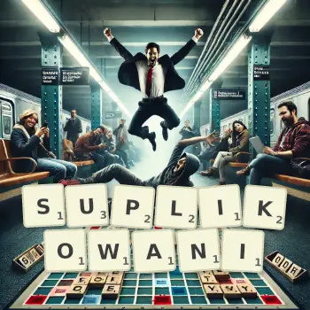 Kreatywna ilustracja do gry w Scrabble ze słowem SUPLIKOWANI ułożonym z płytek na planszy.