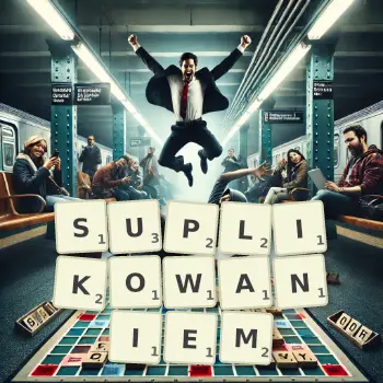 Kreatywna ilustracja do gry w Scrabble ze słowem SUPLIKOWANIEM ułożonym z płytek na planszy.