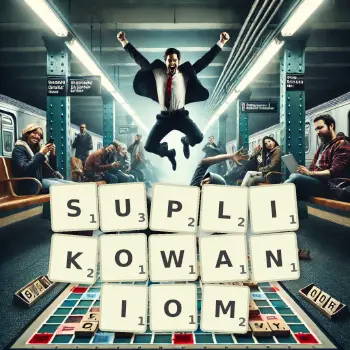 Kreatywna ilustracja do gry w Scrabble ze słowem SUPLIKOWANIOM ułożonym z płytek na planszy.